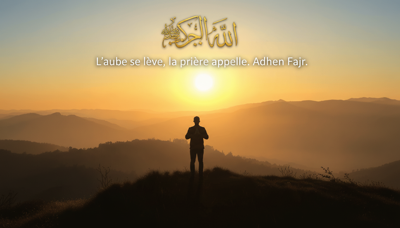 Silhouette d'une personne priant sur un sommet de colline à l'aube, avec une lumière chaude et des environs naturels paisibles, évoquant la tranquillité et la connexion spirituelle.