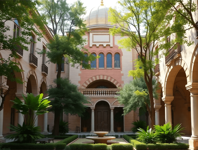 Un paisible cour de mosquée avec une architecture hispano-mauresque, des jardins luxuriants et une douce lumière du soleil filtrant à travers les arbres dans un cadre urbain parisien.