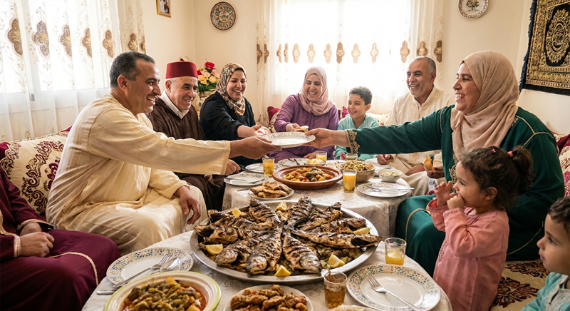 Table dressée pour le repas de l'Aïd al-Fitr avec plats traditionnels