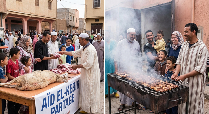 Famille et bénévoles partageant de la viande durant l'Aïd